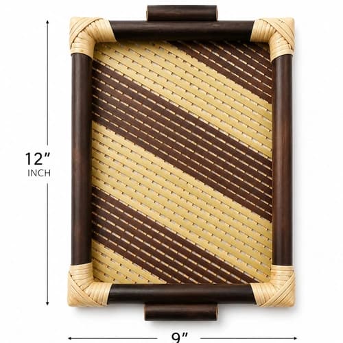 Handwoven Bamboo Serving Tray with Integrated Handles and Striped Base