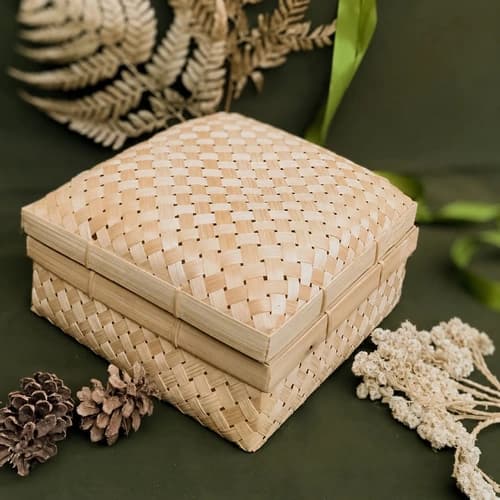 Handwoven Bamboo Gift Box with Domed Lid and Square Base