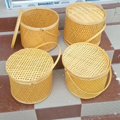 Handwoven Bamboo Storage Basket with Lid and Carry Handle