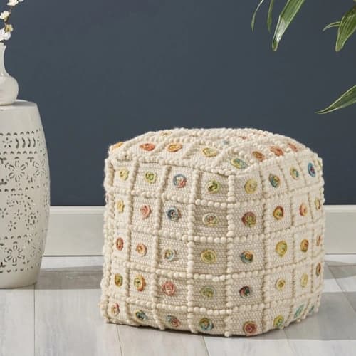 Handcrafted Embroidered Cube Pouffie with Textured Decorative Cover