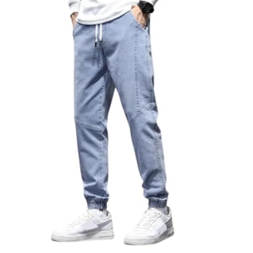 Men’s Light Blue Denim Jogger Jeans with Drawstring Waist and Cuffed Hem