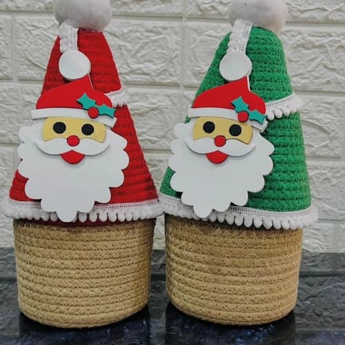Christmas Santa Woven Basket with Cone-Shaped Festive Lid