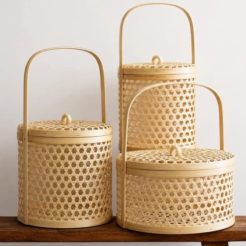 Handwoven Bamboo Storage Basket with Lid and Tall Carry Handle