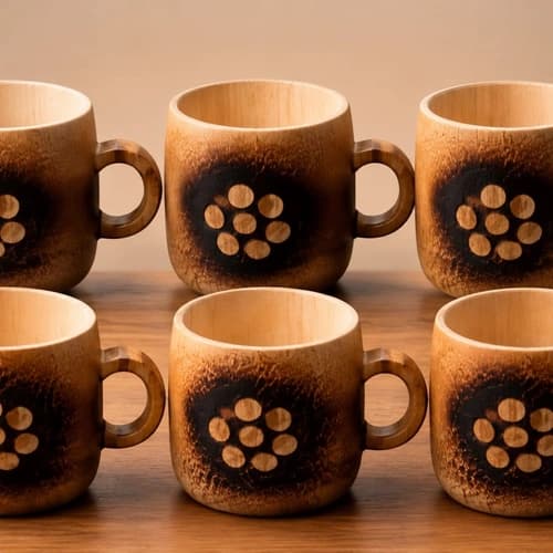 Handcrafted Bamboo Coffee Mug with Burned Floral Pattern and Side Handle