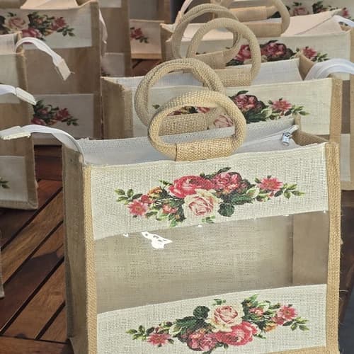 Floral Jute Carry Bag with Clear Window and Round Rope Handles