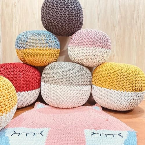 Hand-Crocheted Pouffies with Soft Textured Knit Cover