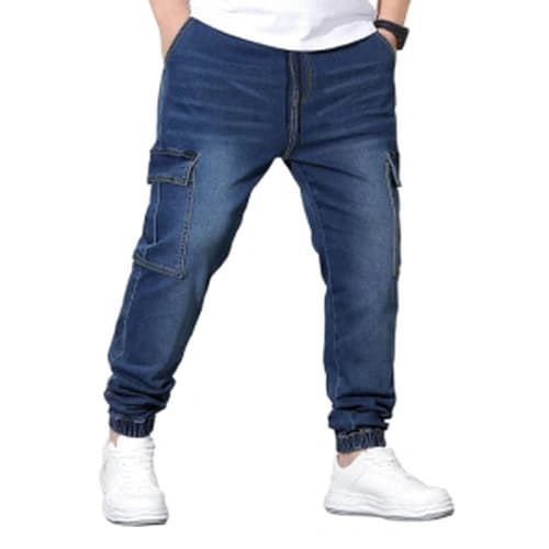 Men’s Denim Cargo Jogger Jeans with Utility Pockets and Elastic Cuffs