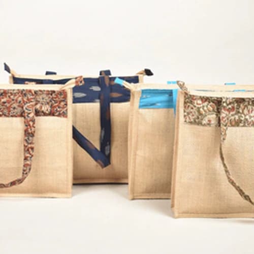 Eco-Friendly Jute Tote Bags with Printed Fabric Trim for Wholesale Retail
