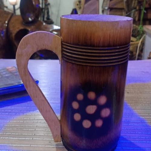 Handcrafted Bamboo Mug with Burned Floral Pattern and Integrated Handle