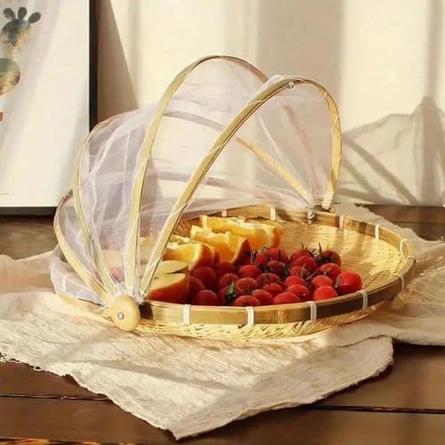 Bamboo Food Serving Tray with Foldable Mesh Cover
