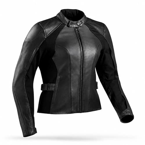Black Cowhide Leather Ladies Motorcycle Jacket with Stand Collar