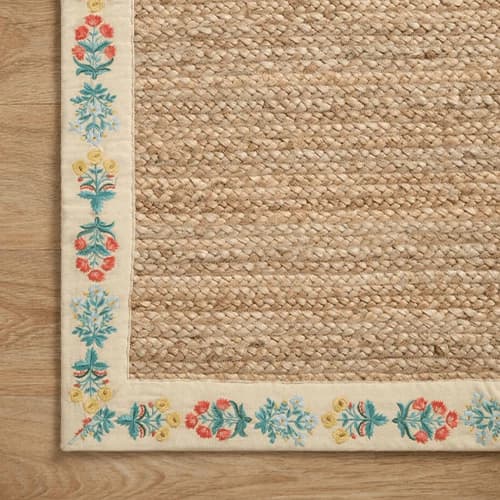 Handwoven Jute Rug with Embroidered Floral Border