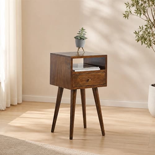 Solid Wood Mid-Century Bedside Table with Drawer & Open Shelf