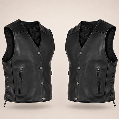 Men's Genuine Cowhide Leather Vest with Side Lace Panels — Classic Black