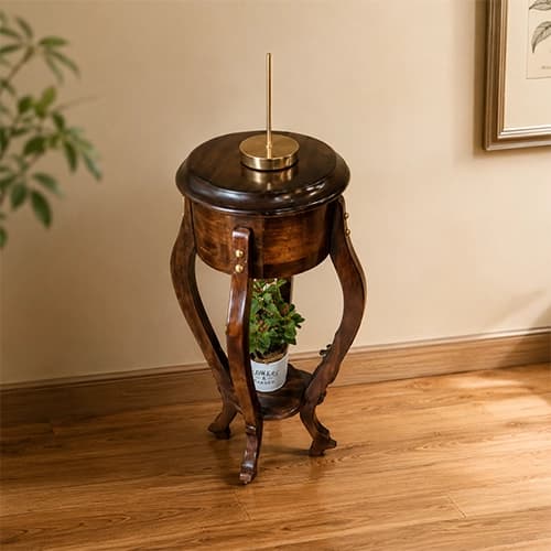 Solid Wood Round Accent Table with Cabriole Legs & Lower Display Shelf