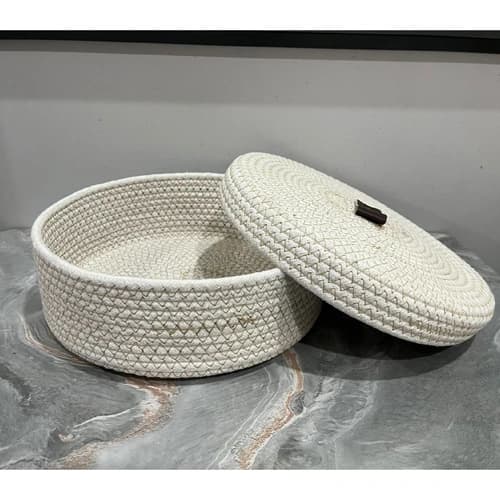 Round Cotton Rope Storage Basket with Matching Lid and Minimalist Finish