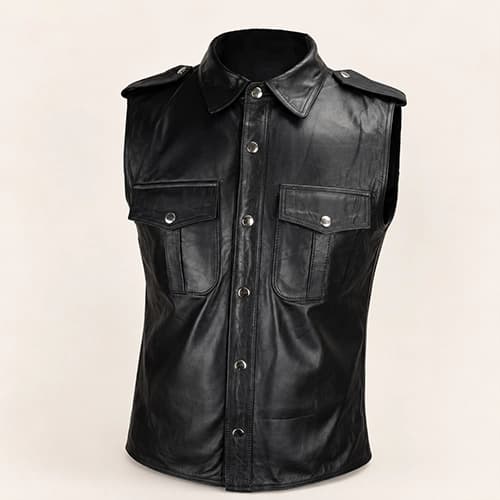 Black Cowhide Leather Utility Vest with Shoulder Epaulettes — Classic Motorcycle Fit