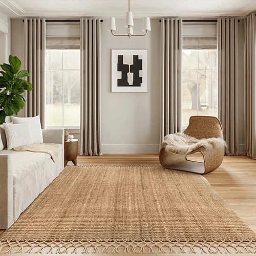 Handwoven Natural Jute Area Rug with Decorative Fringe