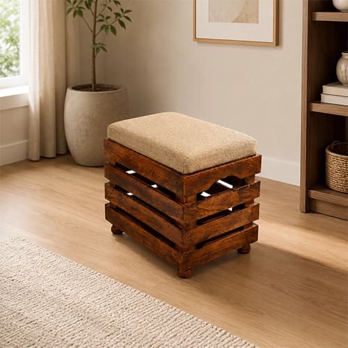 Wooden Upholstered Storage Ottoman Stool with Slatted Frame