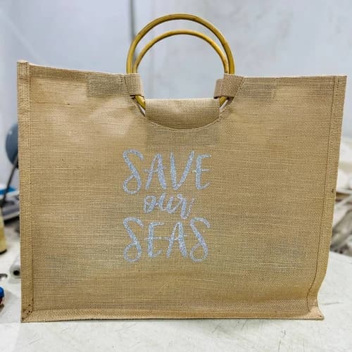 Custom Printed Jute Tote Bag with Round Bamboo Handles