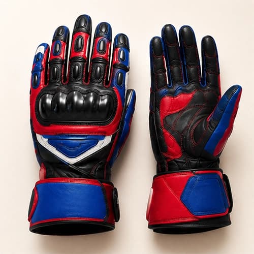 Red Blue Leather-Look Motorcycle Gloves with Knuckle Guards — Pair