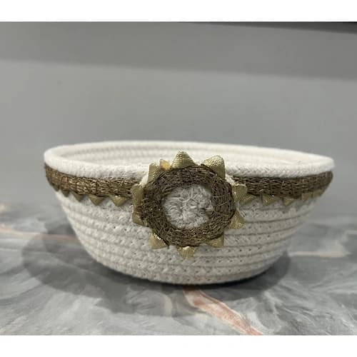 Decorative Cotton Rope Bowl Basket with Metallic Floral Accent
