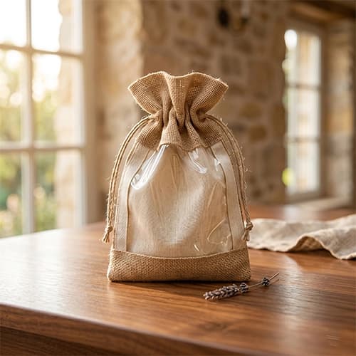 Natural Jute Drawstring Gift Pouch with Clear PVC Window