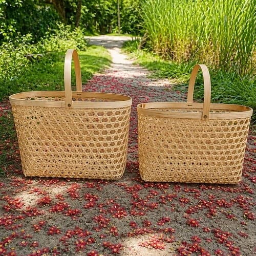 Handwoven Bamboo Picnic Basket with Open Lattice Body and Carry Handle