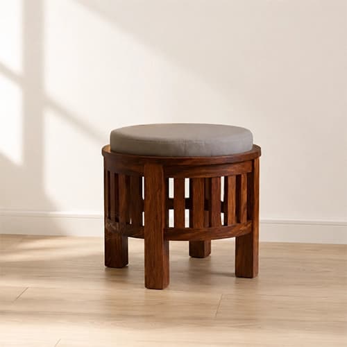 Round Upholstered Wooden Accent Stool with Slatted Base