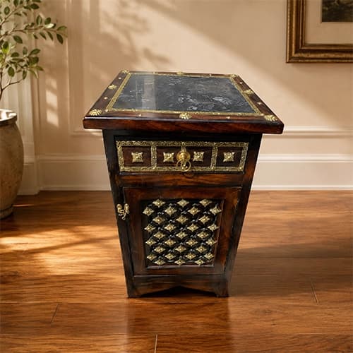 Handcrafted Wooden Bedside Cabinet with Brass Inlay & Embossed Metal Detailing