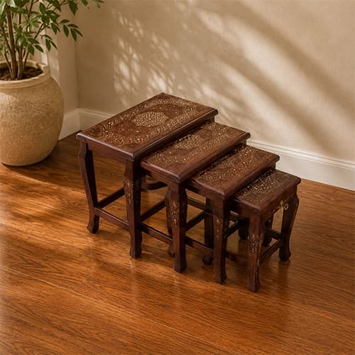 Handcrafted Wooden Nesting Table Set with Decorative Inlay Tops