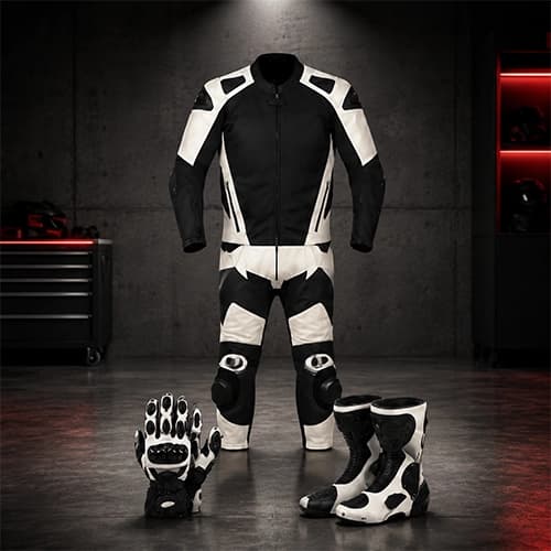 Black White Motorcycle Racing Suit with Accessories — Full Set