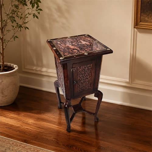 Handcrafted Wooden Cabinet Side Table with Carved Door & Wood Stud Detailing