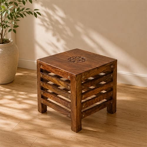 Solid Wood Slatted Accent Side Table with Carved Top