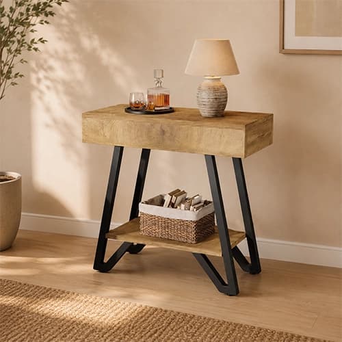 Industrial Solid Mango Wood Side Table with Metal Hairpin-Style Legs & Lower Shelf