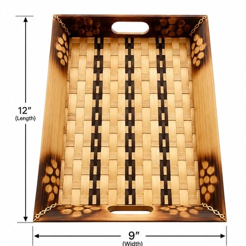 Handwoven Bamboo Serving Tray with Burned Floral Detailing and Cutout Handles