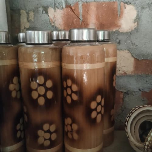 Decorative Bamboo Insulated Bottle with Stainless Steel Cap and Burned Floral Pattern