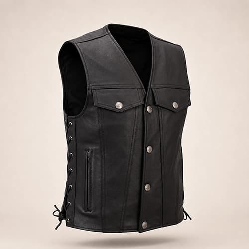 Men's Genuine Cowhide Leather Motorcycle Vest with Snap Front — Classic Black
