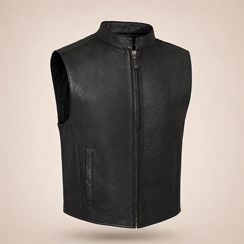 Men's Genuine Cowhide Leather Zip Front Motorcycle Vest — Classic Black
