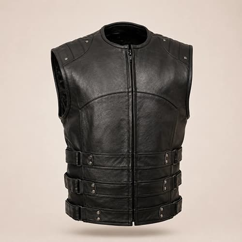Men's Genuine Cowhide Leather Motorcycle Vest with Side Buckles — Black