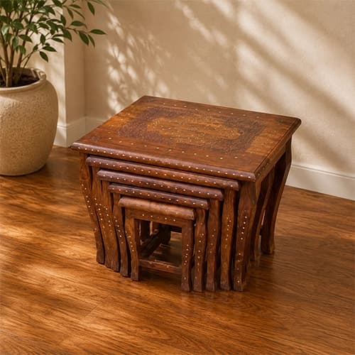 Handcrafted Wooden Nesting Table Set with Curved Legs