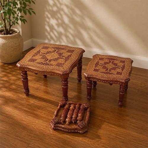 Handcrafted Wooden Nesting Table Set with Carved Tops