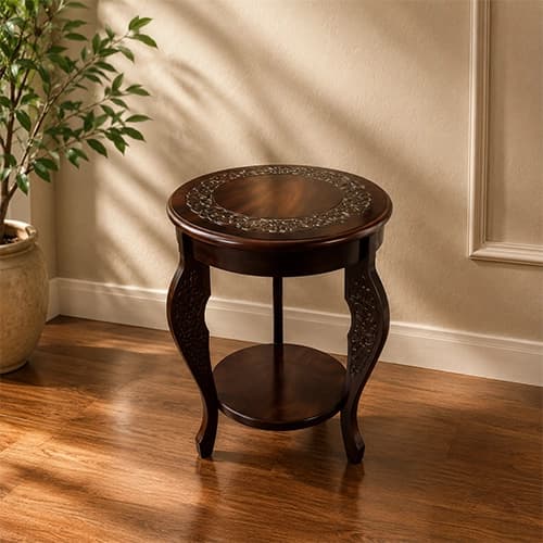 Solid Wood Round Carved Accent Table with Cabriole Legs & Lower Shelf