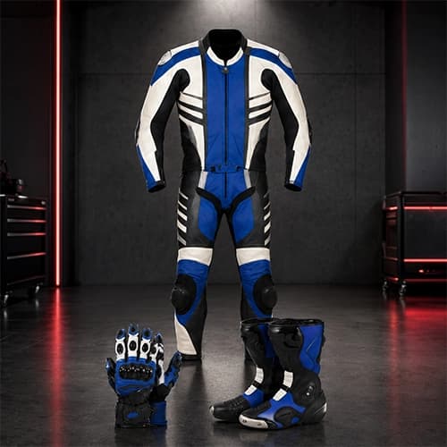Blue White Motorcycle Racing Suit with Accessories — Full Set