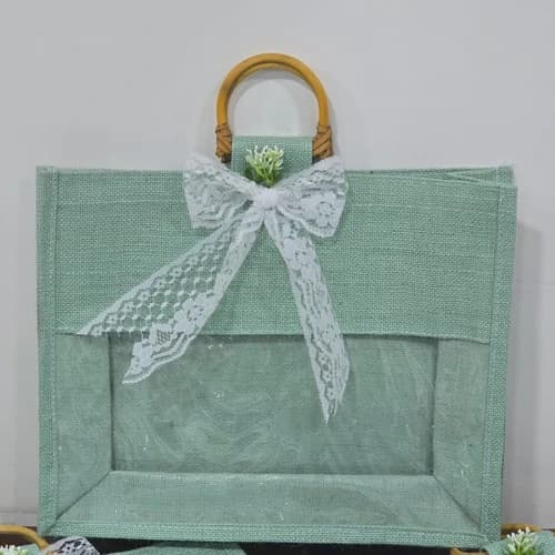 Decorative Jute Gift Bag with Clear Window, Bamboo Handle, and Lace Bow