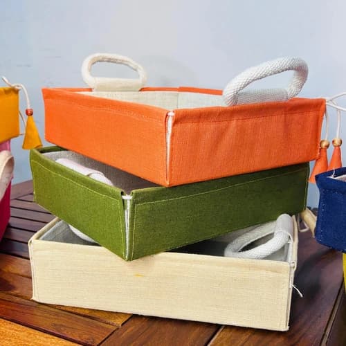Colorful Fabric Storage Tray Basket with Rope Handles and Tie Accents