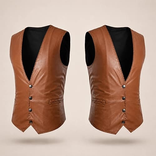 Men's Genuine Cowhide Leather V-Neck Vest with Button Front — Tan Brown