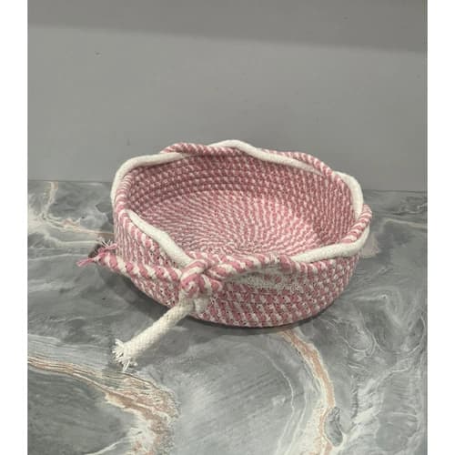 Round Cotton Rope Basket with Drawstring Rim and Two-Tone Weave