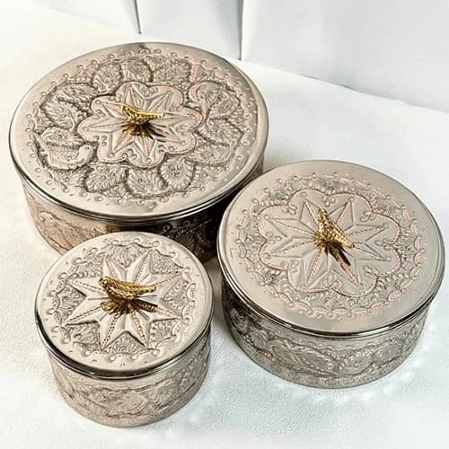 Hand-Engraved Silver-Plated Copper Bowl Set with Ornamental Handles