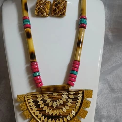 Handcrafted Bamboo Jewelry Necklace Set with Beads and Decorative Pendant